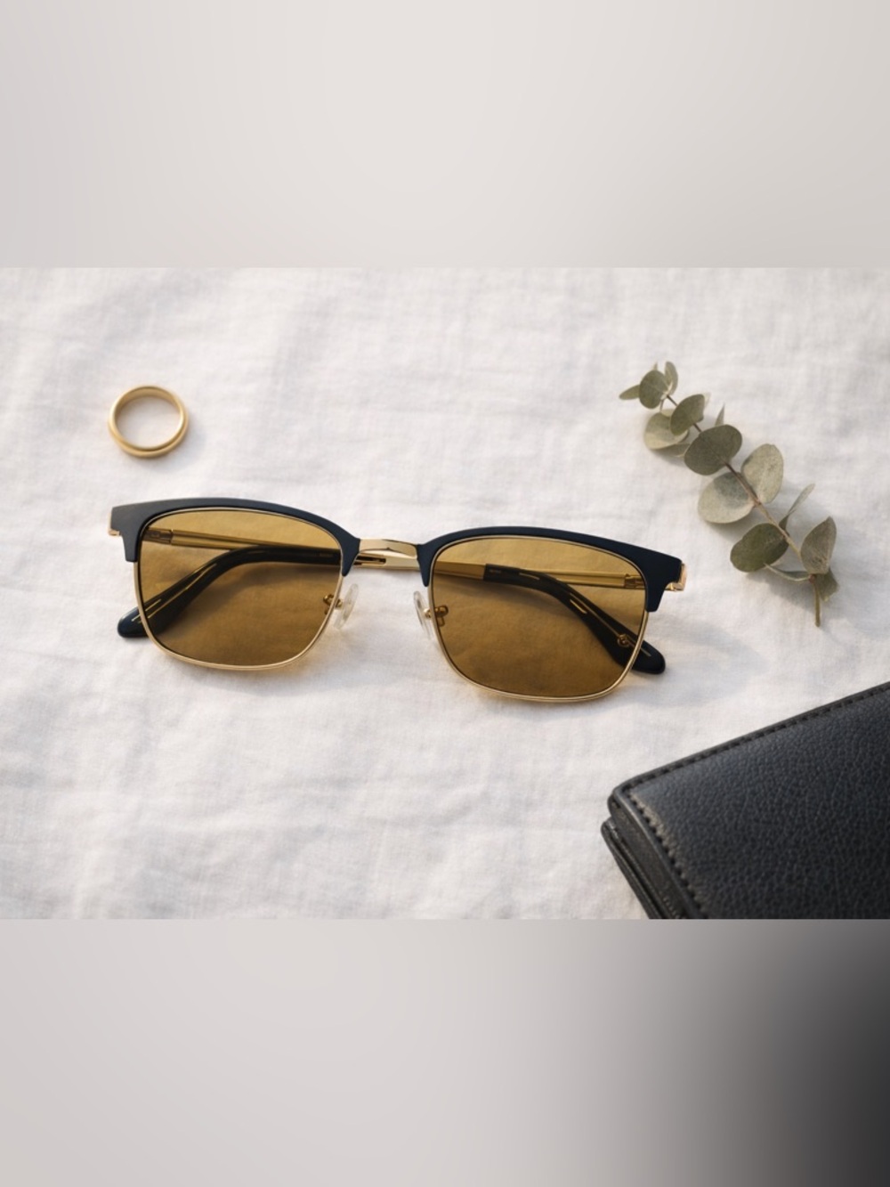 Bulova Endicott Sunglasses Navy Gold Amber Lens Browline w Case Rx lenses